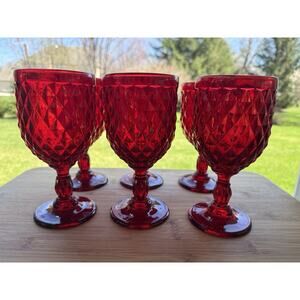 Vintage Ruby Red Diamond Cut Pressed Glass 10oz Wine Water Goblets 6.75” ~6 Pc